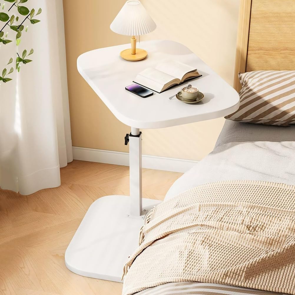 SXZenSpace C Shaped Side Table Adjustable Height,Couch Tables That Slide under with Oval Rotating Tabletop,360°Swivel Small End for Living Room, Bedroom, Sofa,White