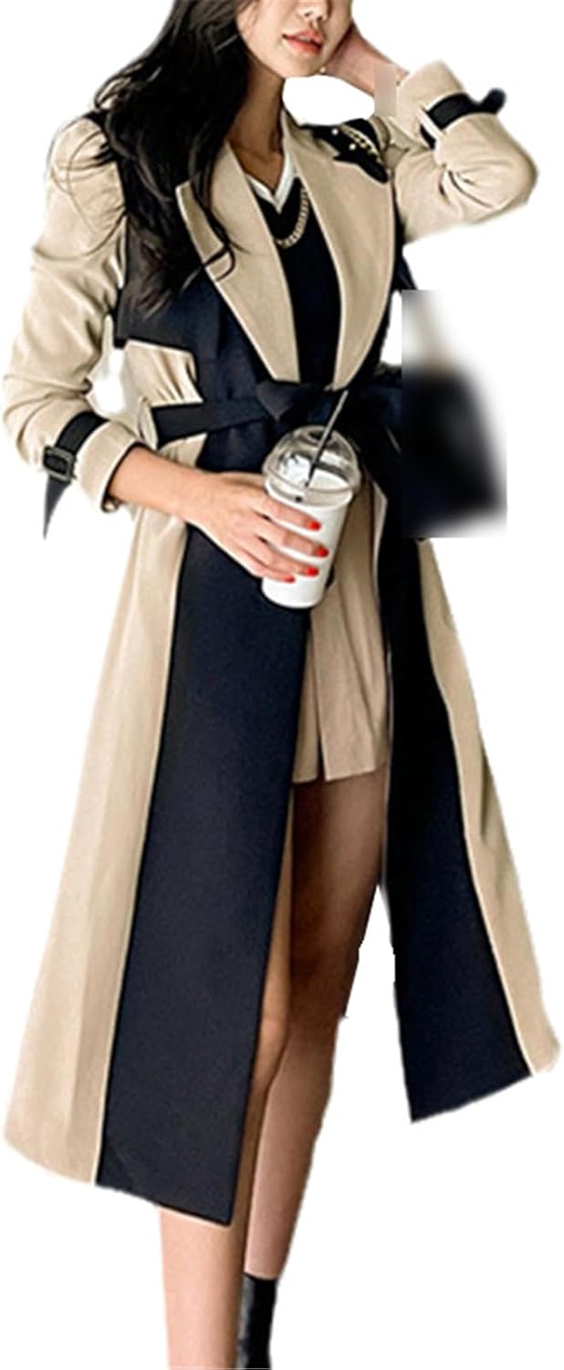 Spring/Autumn Notched Collar Ladies Patchwork Windbreaker Full Sleeve Buttons Belted Women Long Trench Coats