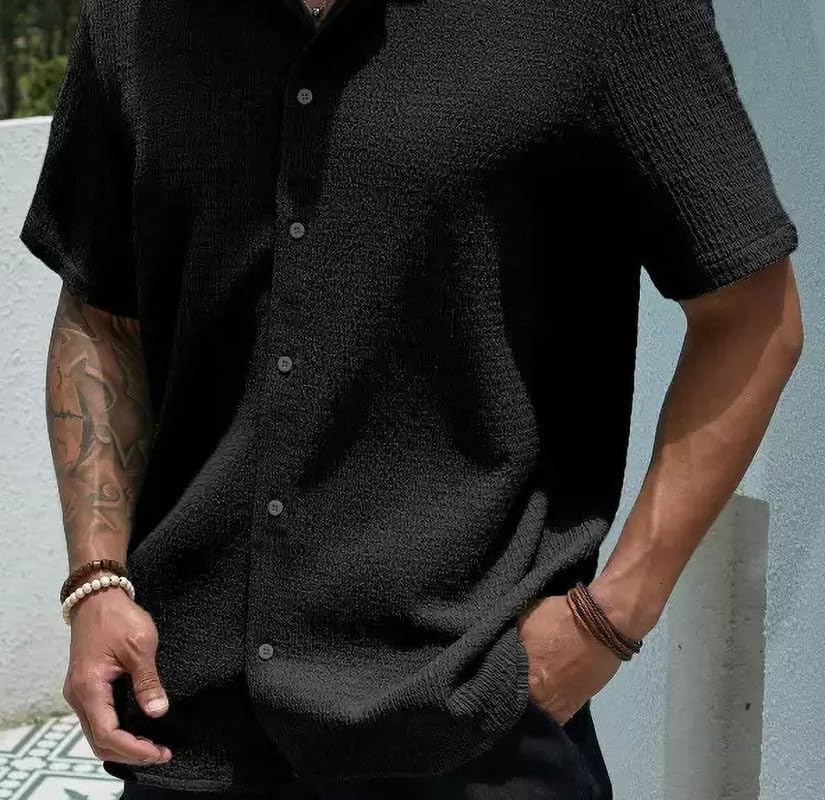Image of MiraMichi Men's Slim Fit Half Sleeve Polycotton Casual Shirt - Solid Pattern, Hip Length, Ideal