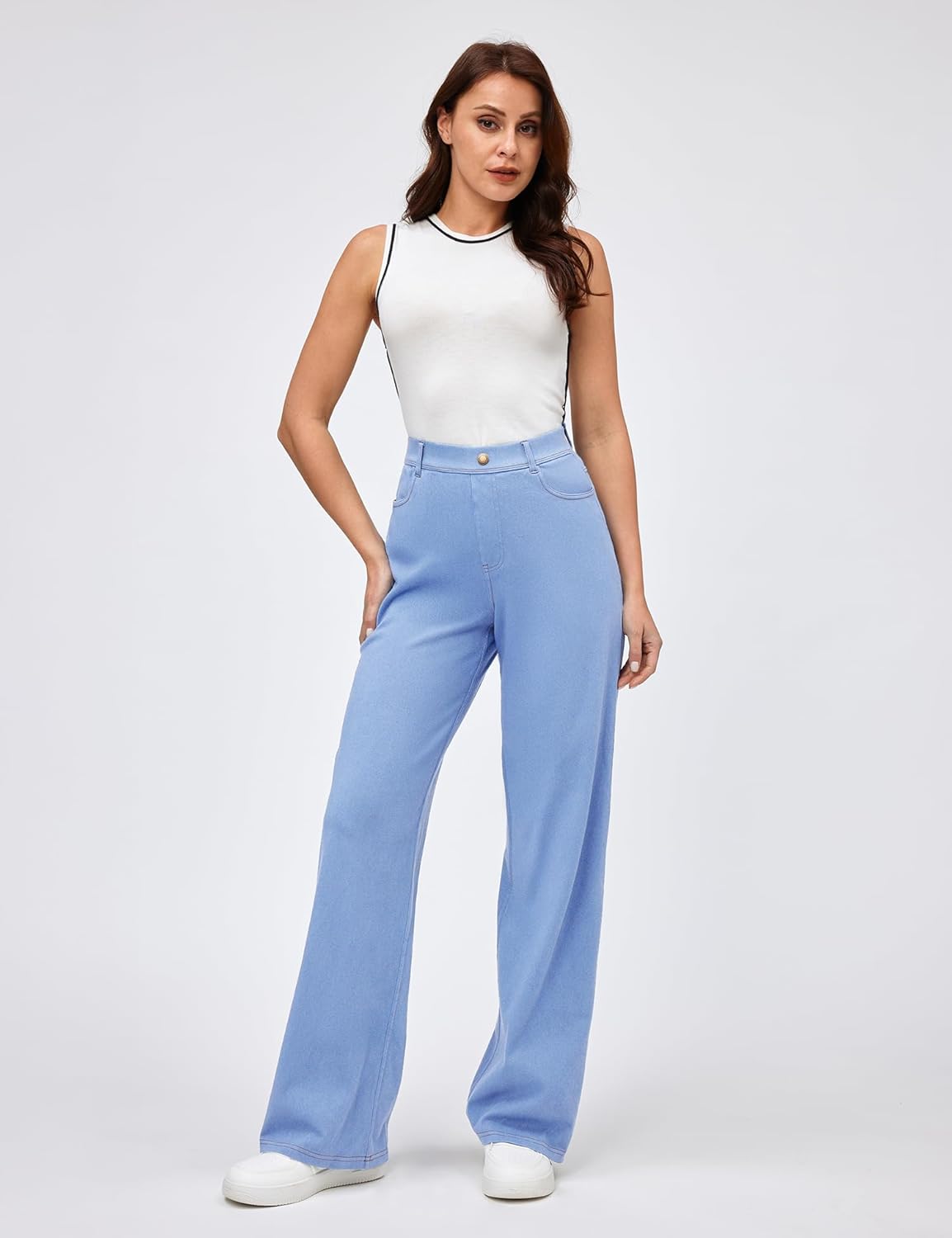 IUGA Wide Leg Jeans Woman Stretchy Pull On Baggy Jeans High Waisted Trendy Womens Jeans Straight Casual Denim Pants