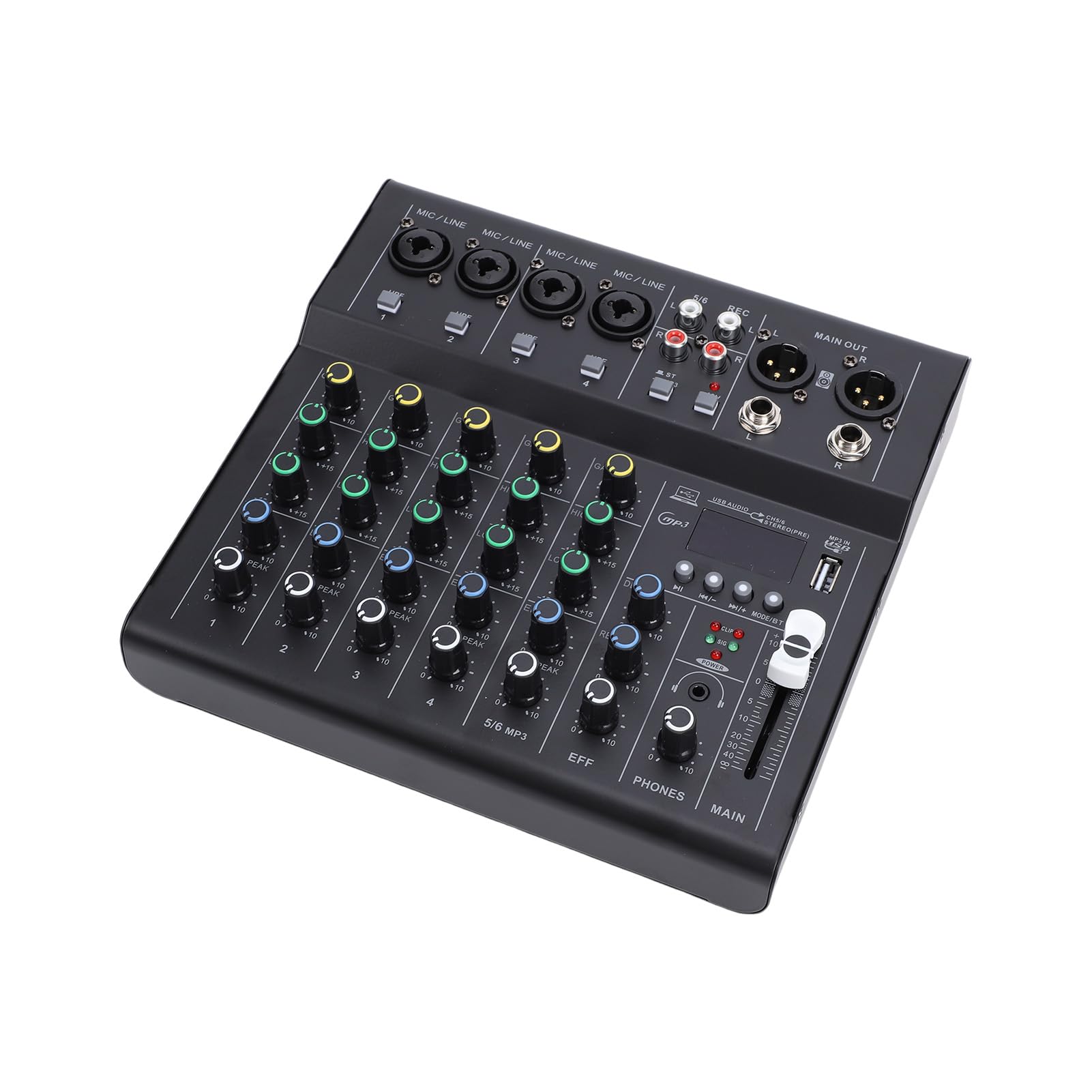 Walmeck 6-Kanal-Mini-Soundmixer, DJ-Controller, Professionelle Aufnahme-Soundkarte mit BT-MP3-Player, 48 V Phantomspeisung, Integrierter Gitarrenverstärker, Tragbare Mischkonsole für (Schwarz)