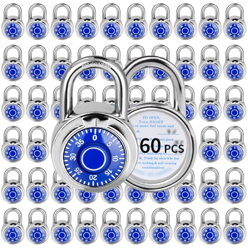 Image of Combination Lock, LQYN Standard Dial Combination Lock, Pack of 60; Blue Turnplate, 2 in. Wide, Fixed Three Digital Combination, for School, Gym & Locker, Toolbox, Gate