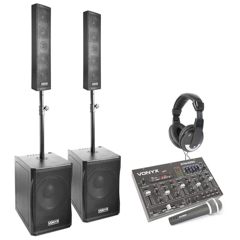 Vonyx VX1200 PA Anlage Aktiv mit Bluetooth 1500 Watt Subwoofer DJ Boxen Kopfhörer Mischpult Mikrofon Stativ