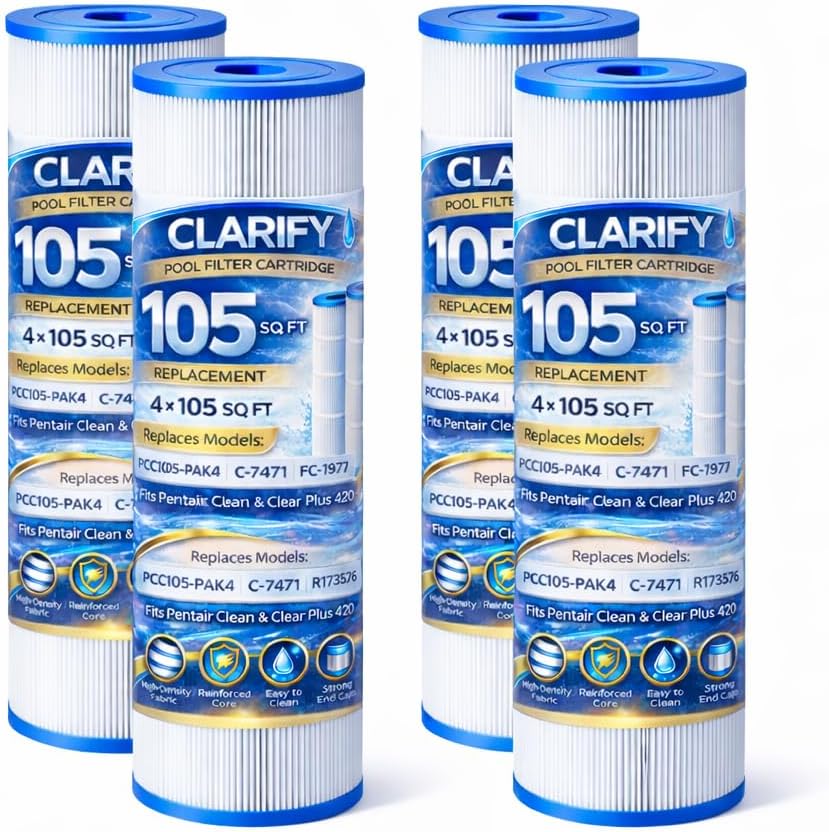 CLARIFY Pool Filter Cartridge Replacement for Pentair Clean & Clear Plus 420, 4 Pack 105 Sq Ft PCC105-PAK4, Unicel C-7471, Filbur FC-1977, Pleatco PA105, R173576, 26"x7" Pool Filter Cartridge