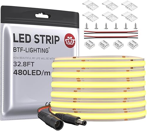 Miniatura 8 de BTF-LIGHTING FCOB COB - Tira de luz LED flexible de alta densidad uniforme de 9 Wm, 16.4 pies, DC24V, blanco cálido, 3000 K, CRI 90+ 0.315 in de