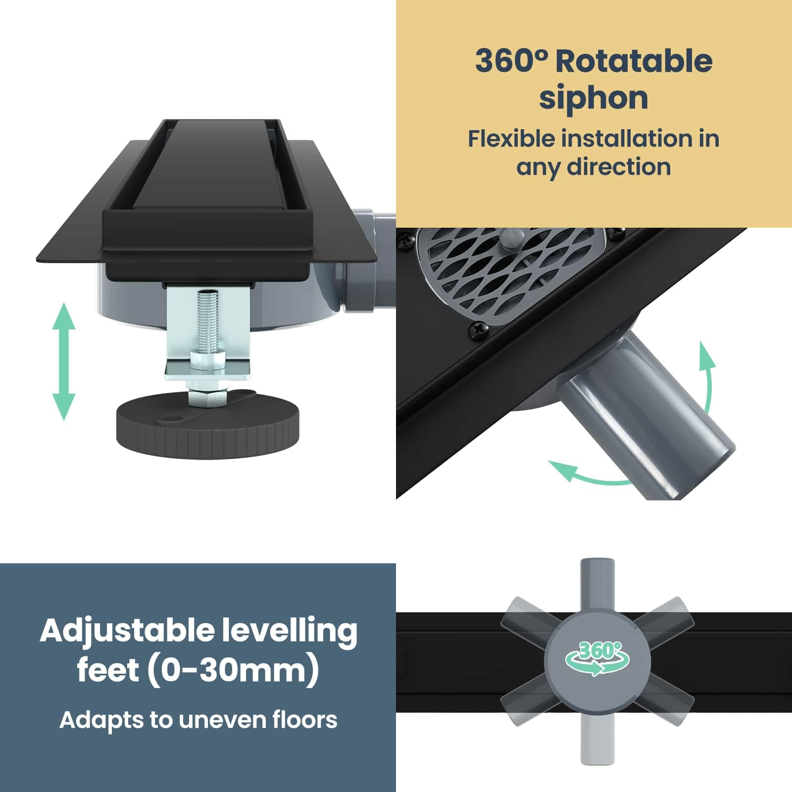 vidaXL Scarico Doccia 2-in-1 con sifone a 360° Nero 50 cm, Ristrutturazione Bagno, componente Doccia Moderno, Installazione Scarico Rettangolare per drenaggio e impianto Idraulico