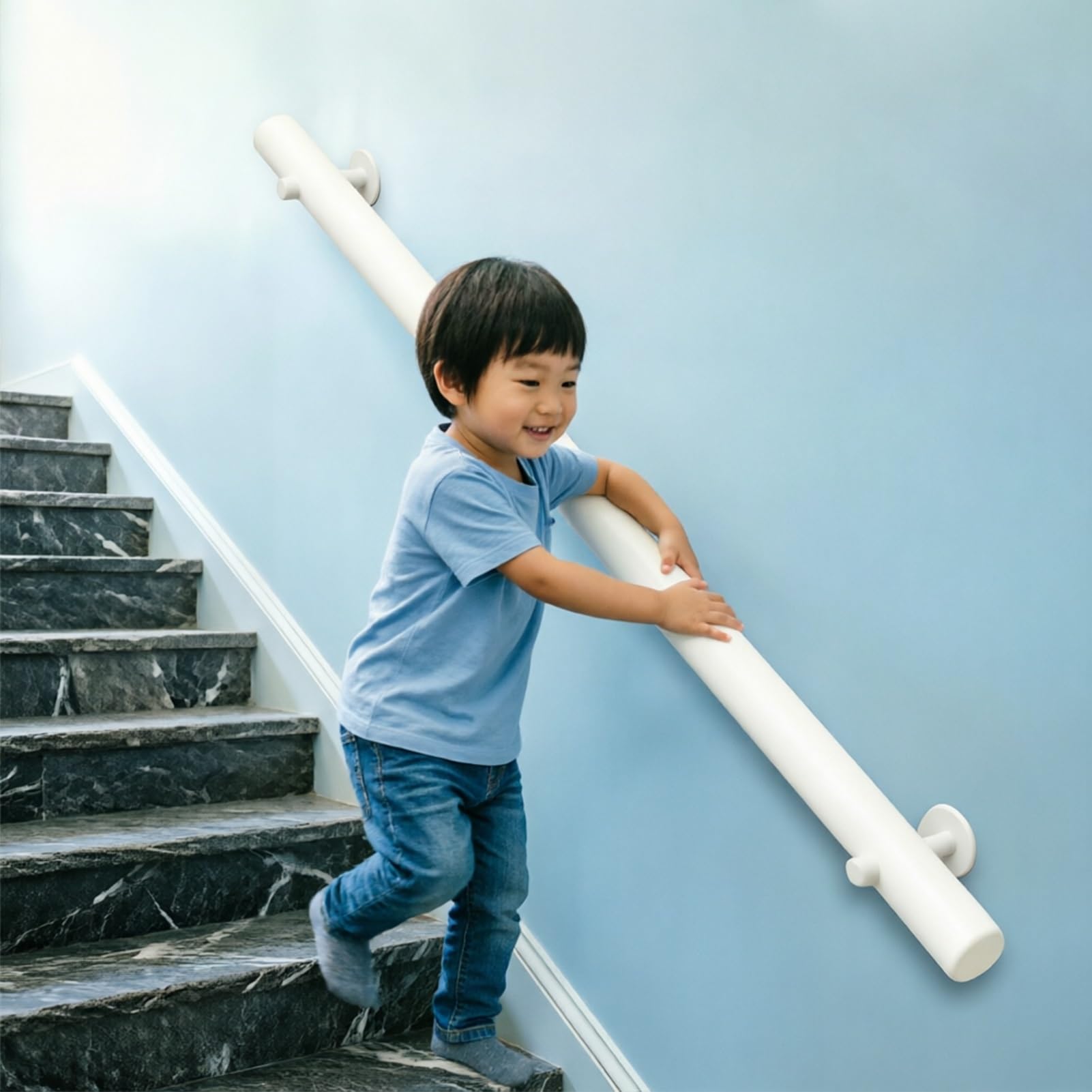 DMCHENGMA Round Wood Stair Railing - Non-Slip Corridor Support Rod - White Wall Mount Handrail/Guardrail for Kids(9ft/270cm)