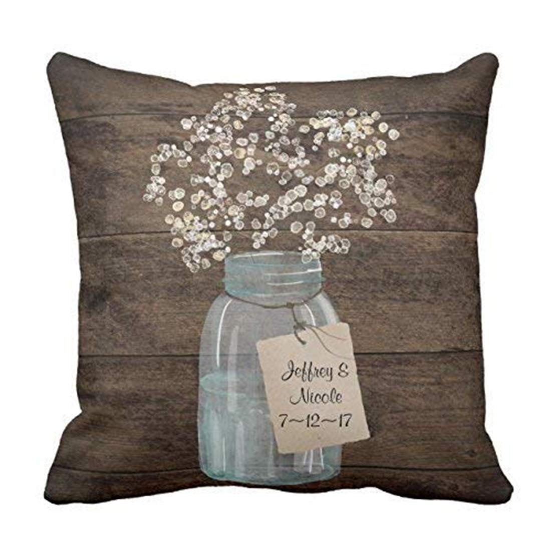 Suesoso PillowCover 18"x18" Rustic barn Wedding Wood Mason jar Babys Breath Throw Pillow Cover Home Decorative Cushion Case Pillow Case Sofa Bed car Living Home with Hidden Zippered in Soft Catoon