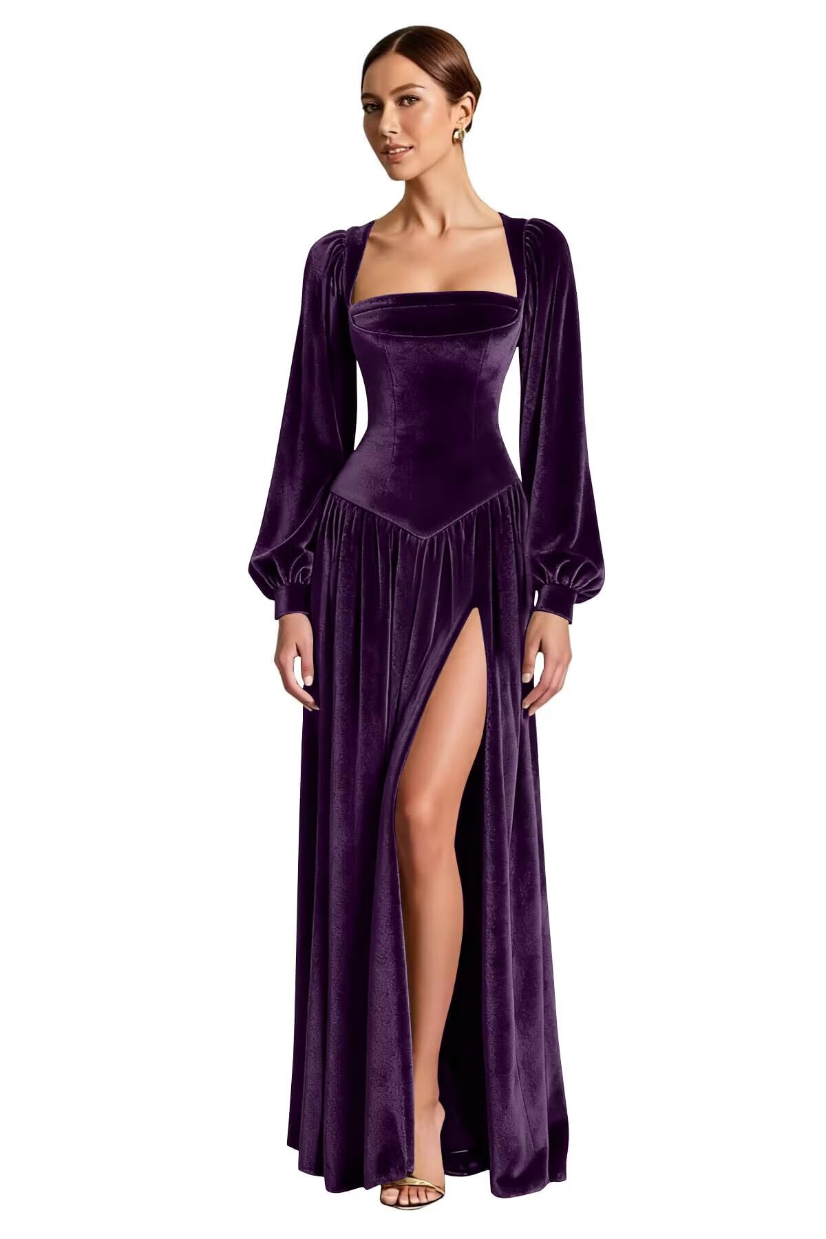 Long Sleeve Velvet Bridesmaid Dresses for Women 2026 Square Neck Prom Dress Aline Formal Evening Gowns with Slit