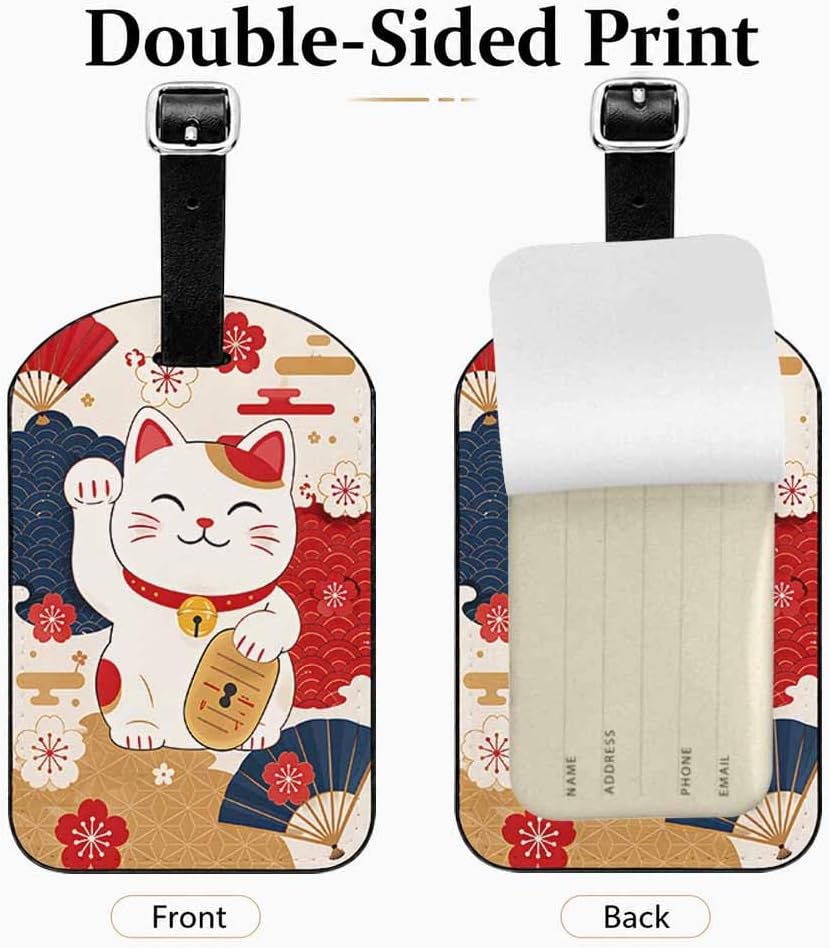 Cute Cat Luggage Tag with Privacy Cover,Japanese Cat Print Name ID Label for Suitcases Backpacks Air Travel,1 Pack PU Leather Luggage Tag image 2