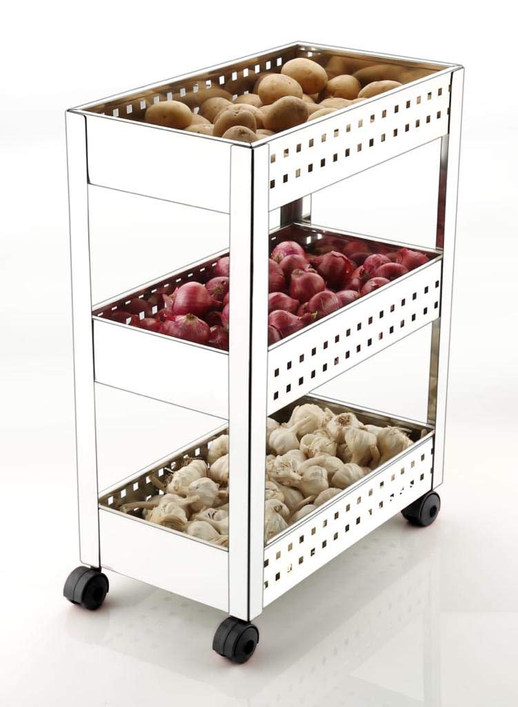 Keepwell Stainless Steel 3-Tier Multi-Function Vegetable Trolley/Fruit Basket/Onion Potato Stand/Kitchen Stand/Kitchen Rack/Storage Trolley for Home & Kitchen