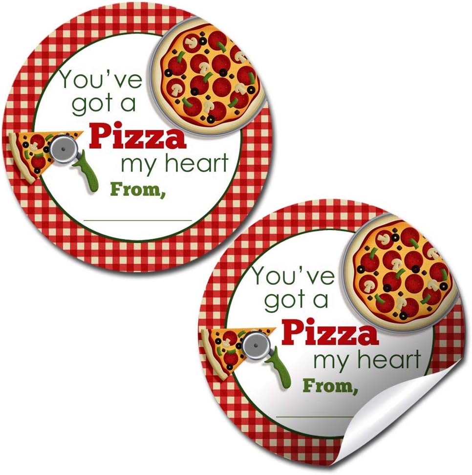 Piece of My Heart Pizza-Themed Valentine Party Favor Sticker Labels, 40 2" Party Circle Stickers by AmandaCreation, Great for Classroom Valentines, Envelope Seals, Gifts & Treats