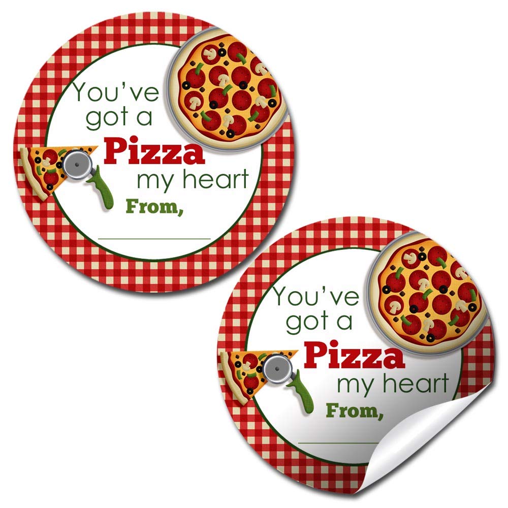 Piece of My Heart Pizza-Themed Valentine Party Favor Sticker Labels, 40 2" Party Circle Stickers by AmandaCreation, Great for Classroom Valentines, Envelope Seals, Gifts & Treats