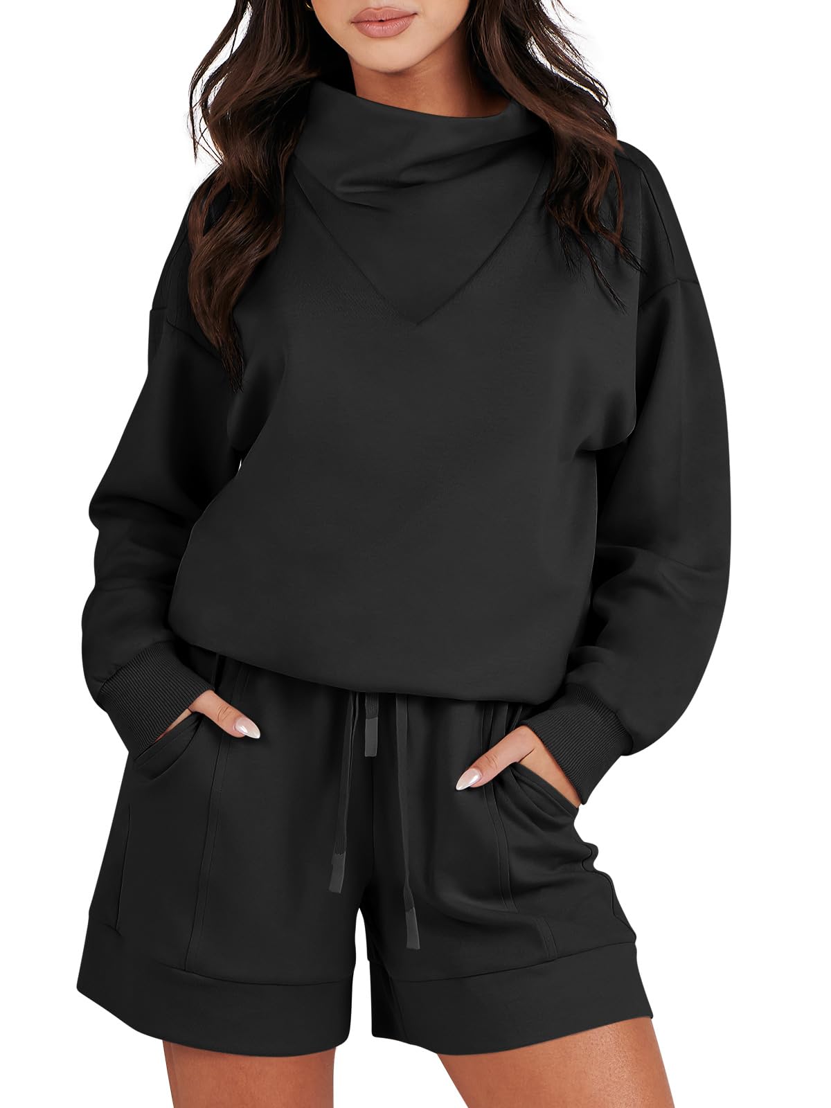 Photo 1 of ANRABESS Women 2 Piece Outfits Sweatsuits Cowl Neck Sweatshirts Fashion Lounge Shorts Matching Sweat Sets Tracksuit Set Small Black