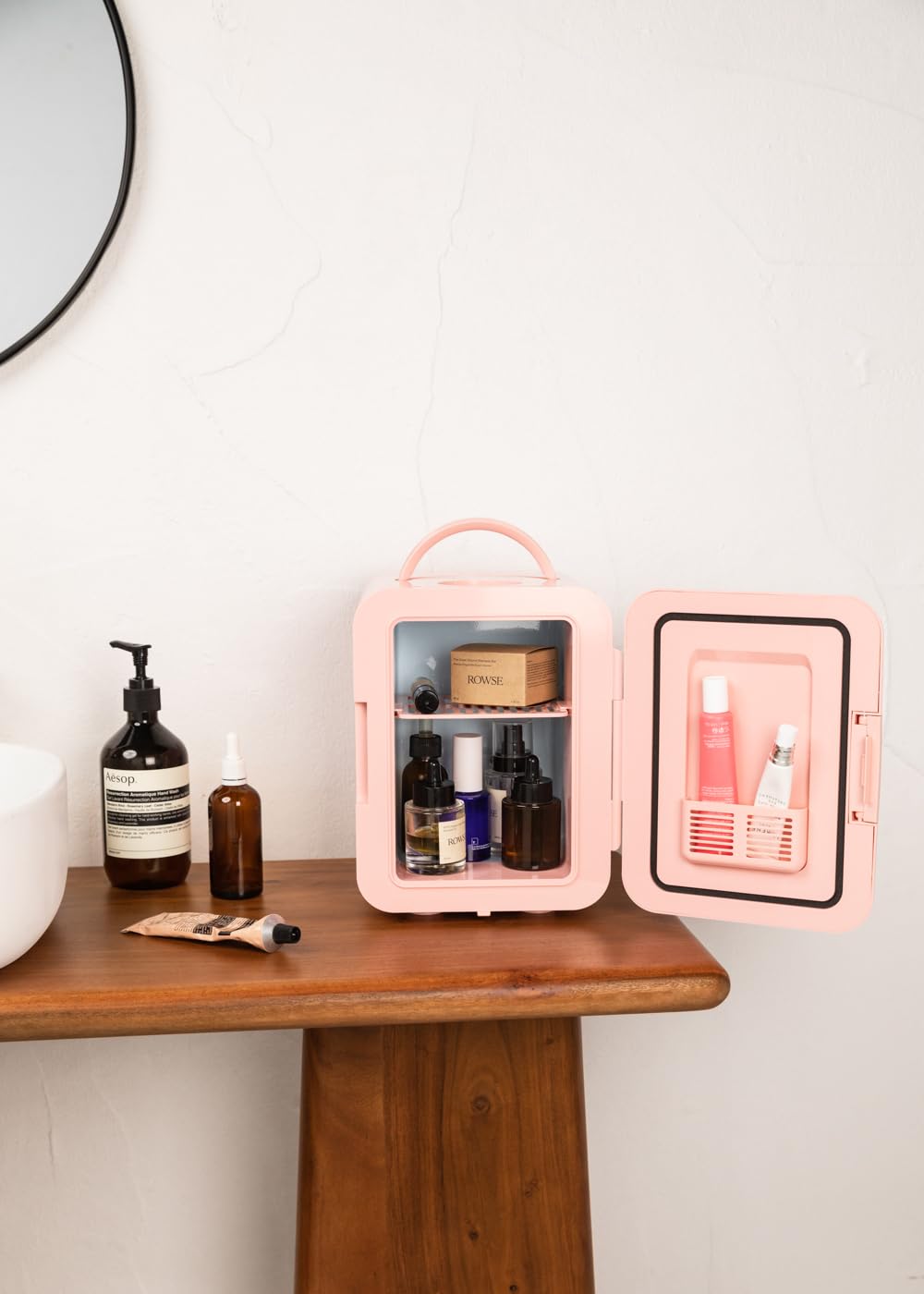 CREATE / FRIDGE MINI BOX/Mini frigorífico para cosméticos rosa pastel/Diseño retro, función frío y calor, capacidad de 4L, fácil de transportar, 48W