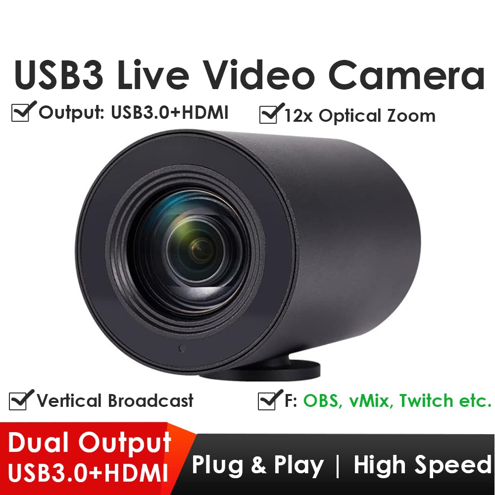 EXVIST Webcam 1080p 60FPS, zoom optique 12x, sortie USB 3.0 et HDMI pour vidéoconférence, diffusion verticale sur OBS, vMix, Twitch, YouTube, etc. UVC, contrôle infrarouge