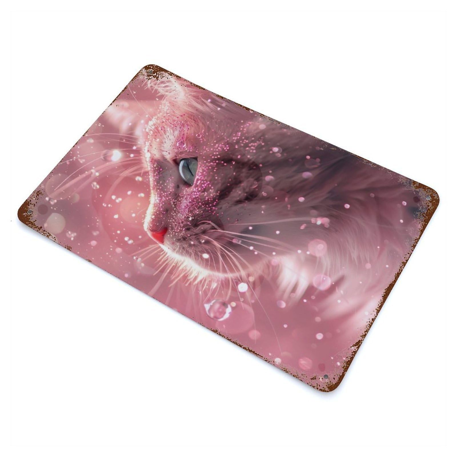 Pink Kitten Aged Metal Wall Plaque 11.8"x7.9", Farmhouse Wall Decor for Office, Studio And Wall Decor