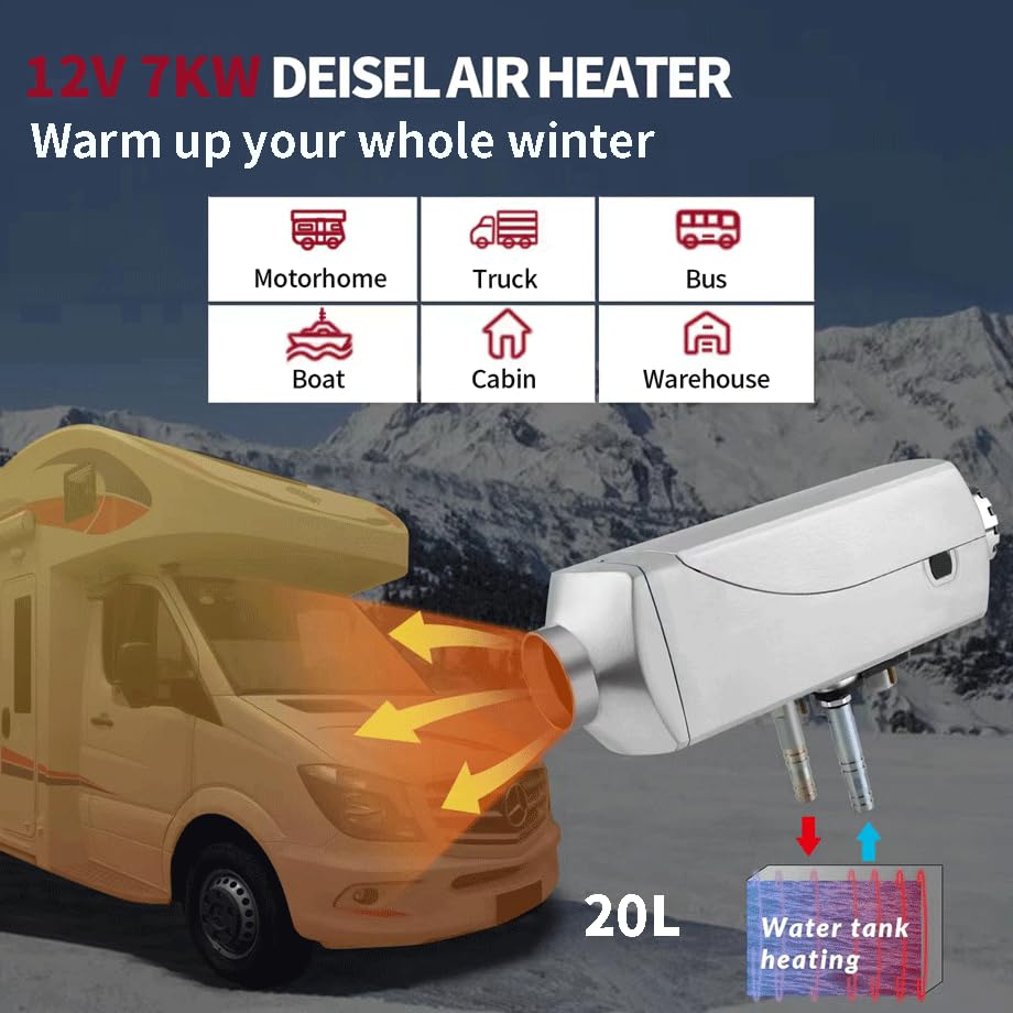 Image of 7KW Diesel Heater 12V Parking Fuel air Heater Water air Heating Integrated Machine, Diesel Water Heater for 6 Gallon RV Water Tank Heating, Aviation Plug, Dual Remote Control, for Car, Trucks, RV
