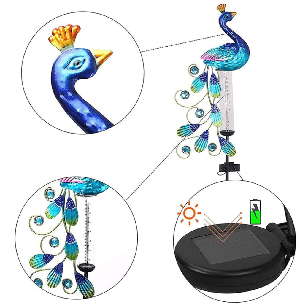 Pluviomètre Lumineux à énergie Solaire Piquets de Jardin en métal en Forme de Paon Décorations de Jardin imperméables Pluviomètres décoratifs extérieurs pour Jardin Pluviomètre décoratif