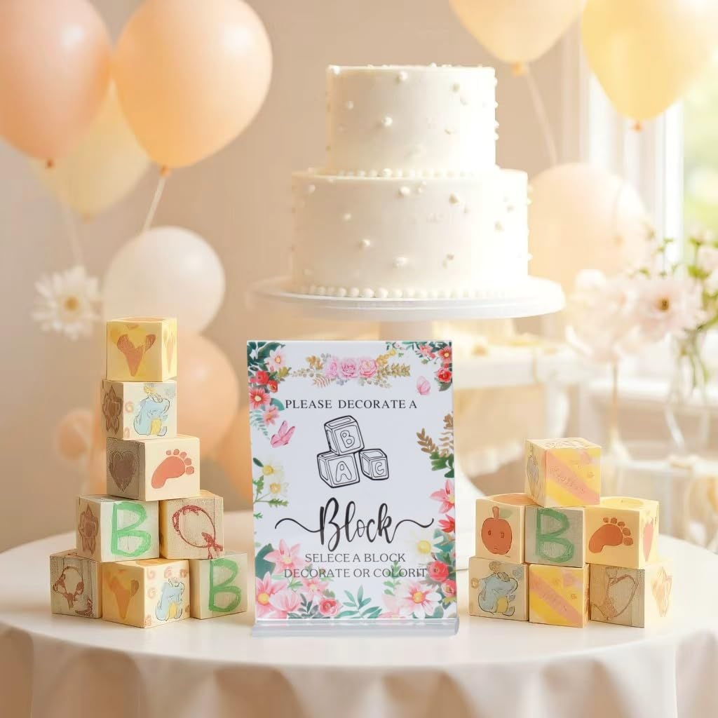 156-Piece Baby Shower Building Block Game Set, featuring 58 plain wooden blocks, 48 markers, 48 templates, 1 game instruction card, and 1 storage box—specially designed for parties (Floral Theme)