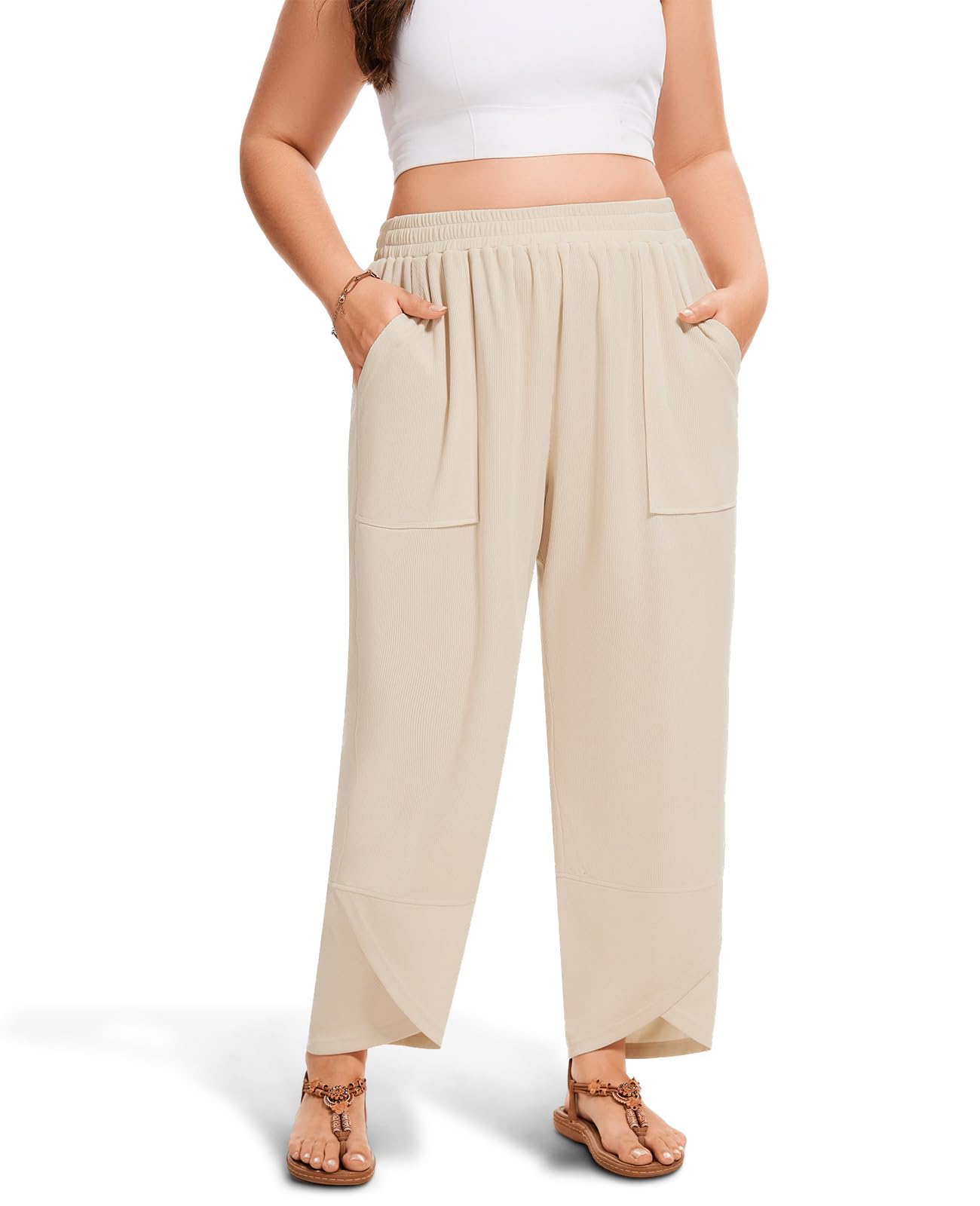 Moon Wood Womens Plus Size Wide Leg Pants Casual Elastic Waisted Summer Pants with Pockets Baggy Lounge Trousers