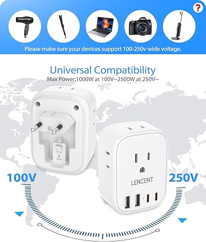 Miniatura 6 de LENCENT - Adaptador de enchufe de viaje europeo, enchufe plegable tipo C de Estados Unidos a Europa con 4 tomas, 4 puertos USB (2 USB C), adaptador