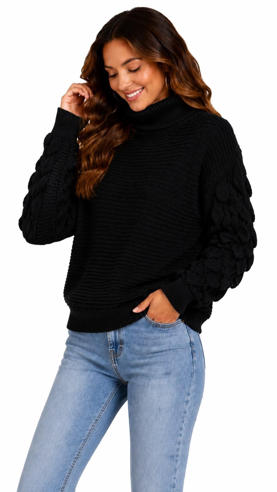 Women's Ribbed Turtleneck Sweater with Textured Balloon Sleeves (Black)-image-42