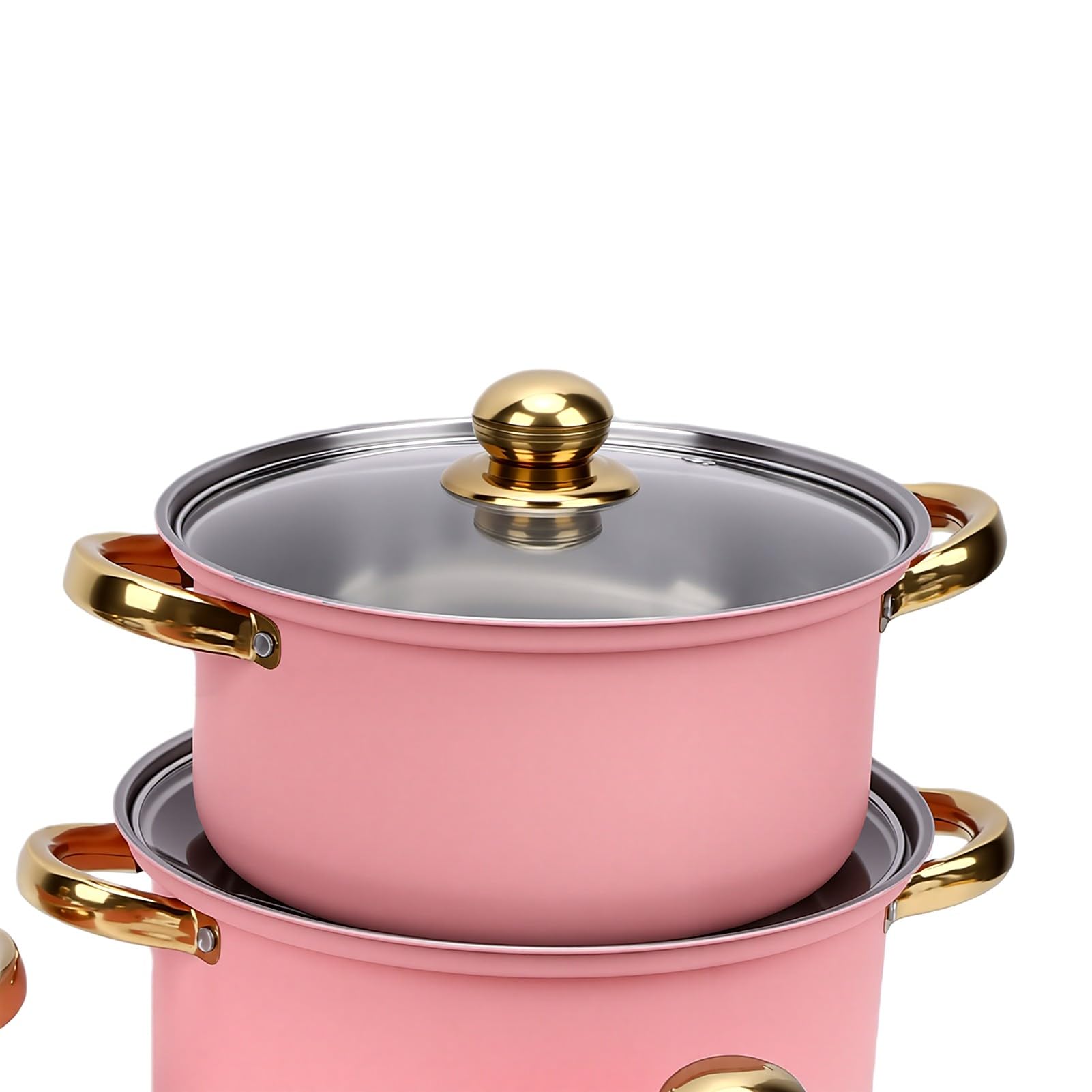 Generic Zestaw naczyń ze Stali Nierdzewnej 16 Cm 18 Cm 20 22 24 Trwałe Garnki do Gotowania w Domu ze Szklanymi Pokrywkami (PINK)