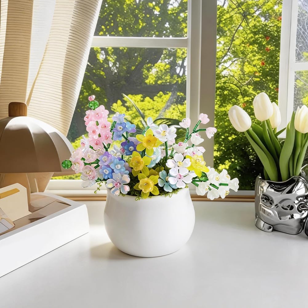1 Box 653Pcs Flower Bead Plant Kit Glass Forever Plant Glass Beads Nature Colorful Acrylic Floral Bead Caps Charms with Pot Artificial Moss Wire for Plant Making Jewelry DIY Crafting