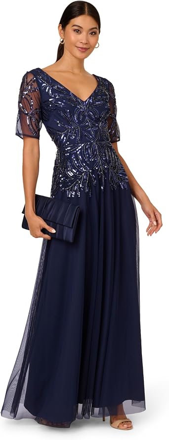 Adrianna Papell Beaded Mesh Long Dress