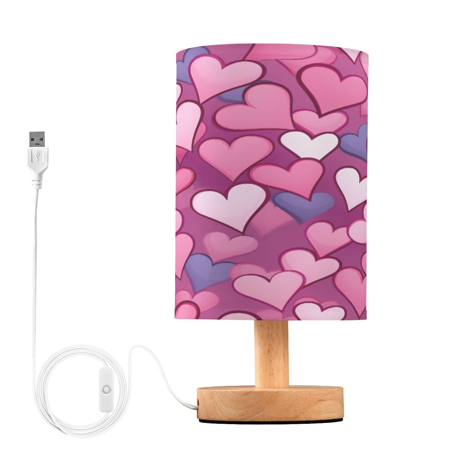 SDMKA Pink Hearts Bedside Table Lamp for Bedroom, Minimalist Nightstand Lamp with Round Fabric Shade for Living Room, Office, No Bulb Required