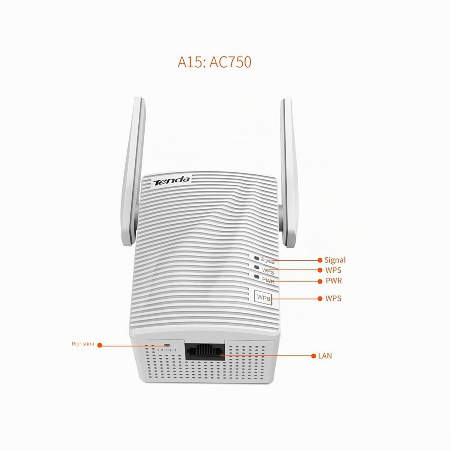 Tenda A15 AC750 Ripetitore WiFi universale Dual Band, Extender a banda larga/Wi-Fi, Booster Wi-Fi/Hotspot con 1 porta Ethernet, Plug and Play, modalità punto di accesso integrato, spina UK