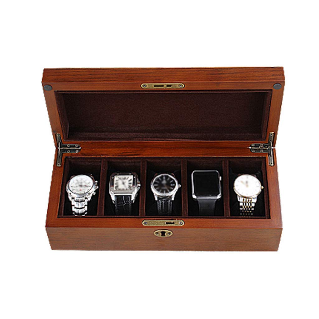 Tapa de vidrio 5 Cajas de reloj Mujeres Caja de almacenamiento de exhibición de joyería de madera Caja de pulsera Bandeja de hebilla de metal con cerradura y 5 almohadas de almacenamiento extraíbles