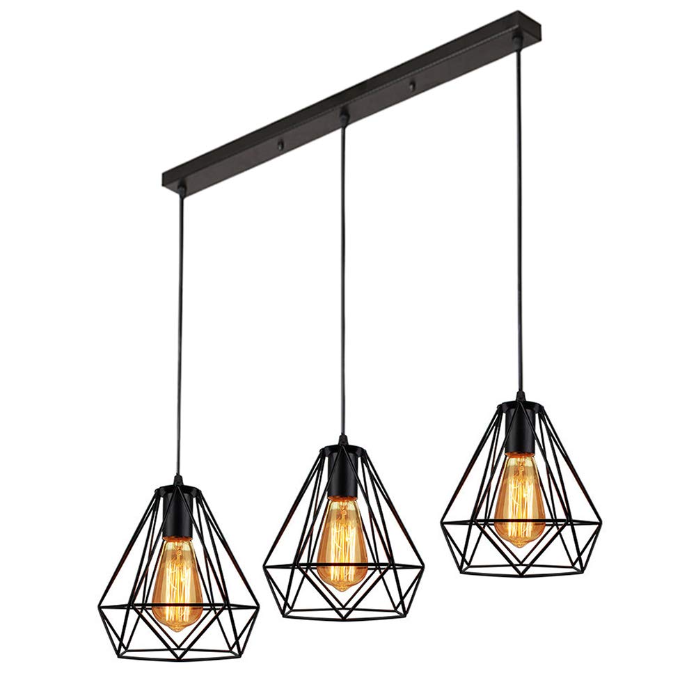 iDEGU Industrial Pendant Lamp Shapes, 3 in 1 Vintage Edison Style Metal Cage Pendant Light Shades for E27 Ceiling Lights for Kitchen Bar Loft - Ø20cm, Black (Cage B - 50CM)