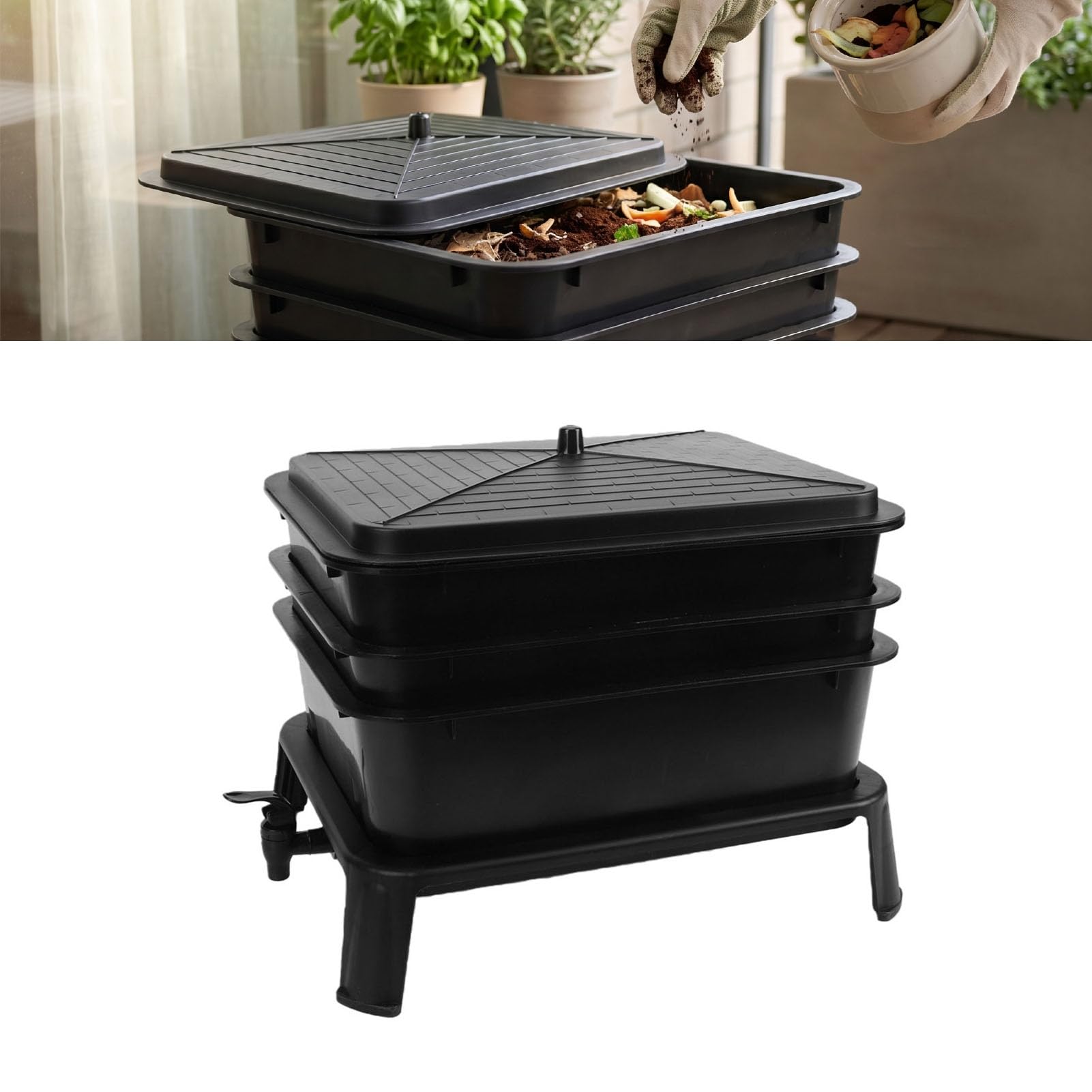 RIZGHWOY Contenedor de Compostaje de Lombrices de Tierra, Contenedor de Granja de Vermicompostador de 3 Capas de Gran Capacidad, Compostaje Interior y Exterior para Residuos de Alimentos