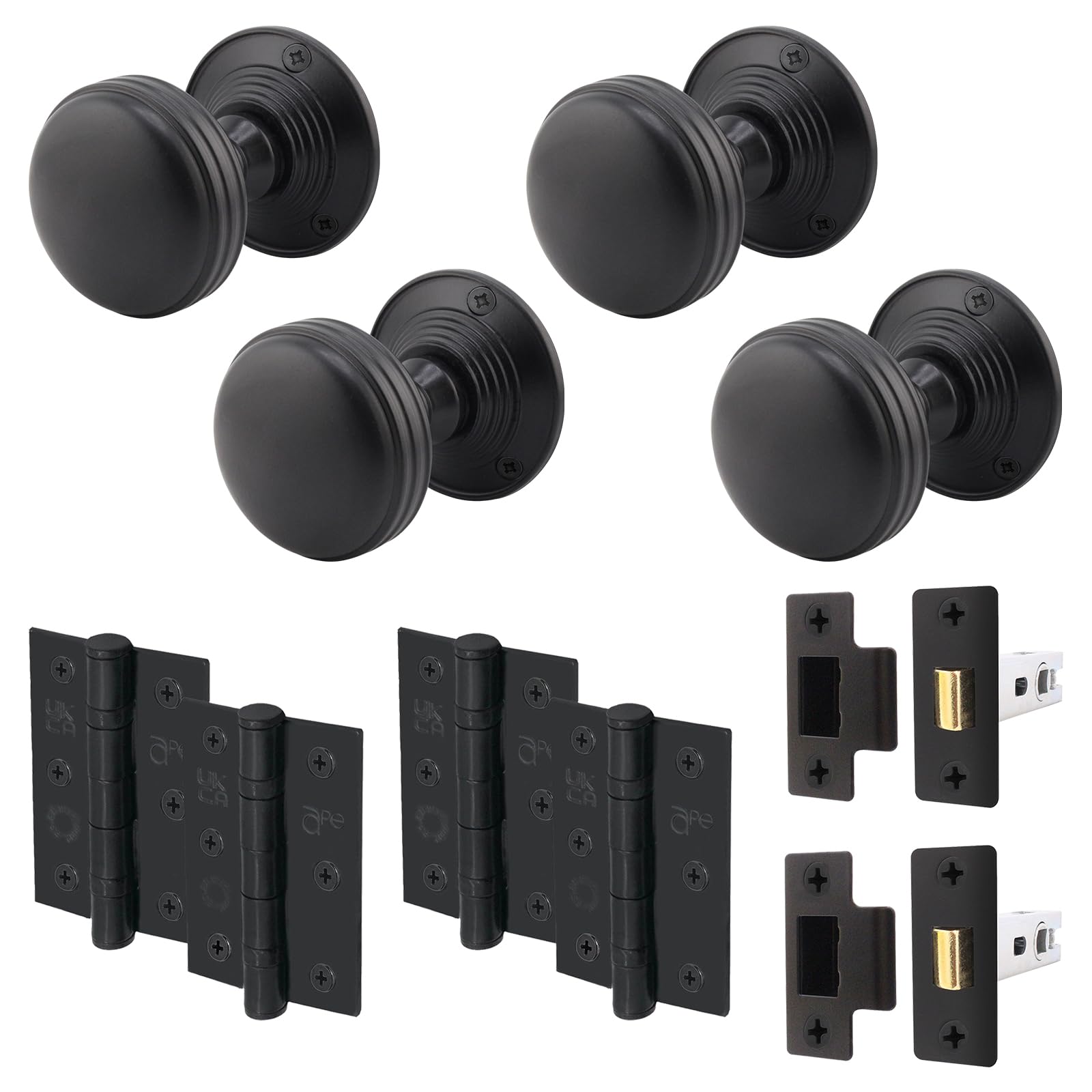 EAI Lined Door Knob Set Matt Black | 2 Pairs of Mortice Knobs (55mm), Latch (76mm) & Hinges (76mm) for Internal Doors