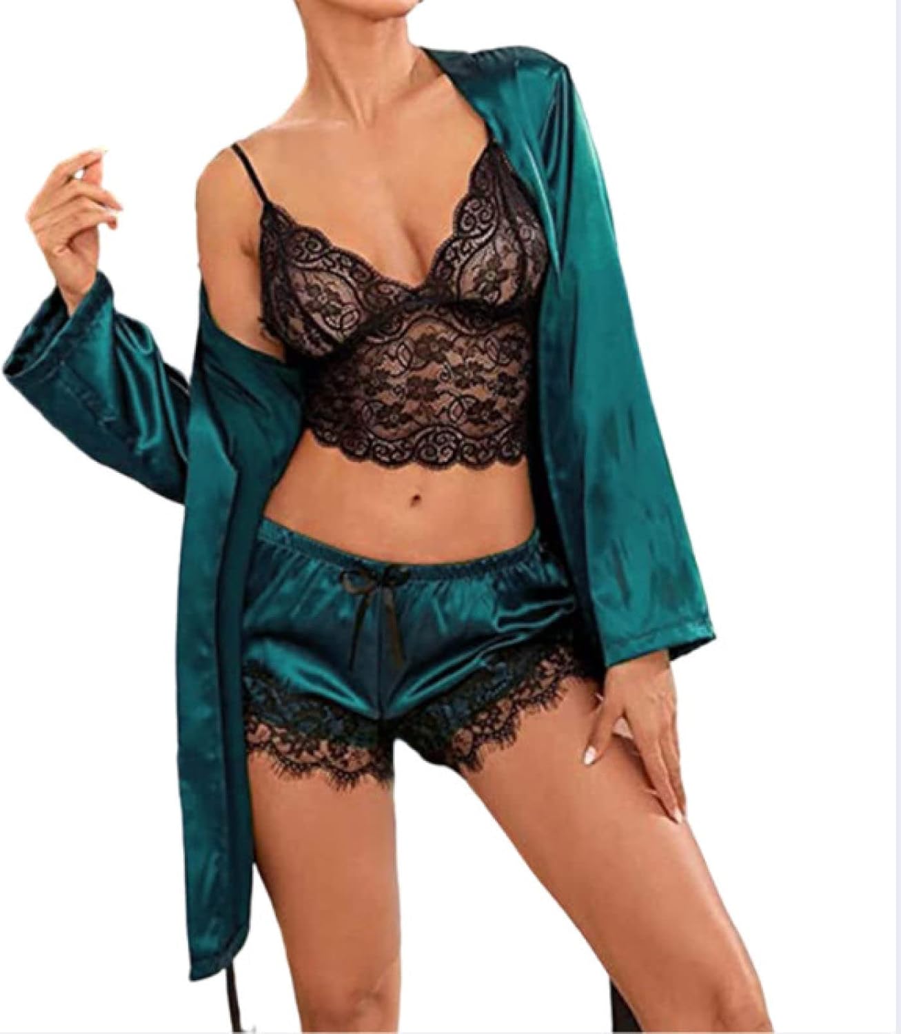 Women'S Satin Robe Nightwear Lounge Set - Summer Sexy Floral Lace Pajamas Set 4Pcs/Set Trim Shorts Lingerie With Cami Sleepwear Home Clothes Soft Homewear For Adults Outfits Suit ( Color : Picture Col