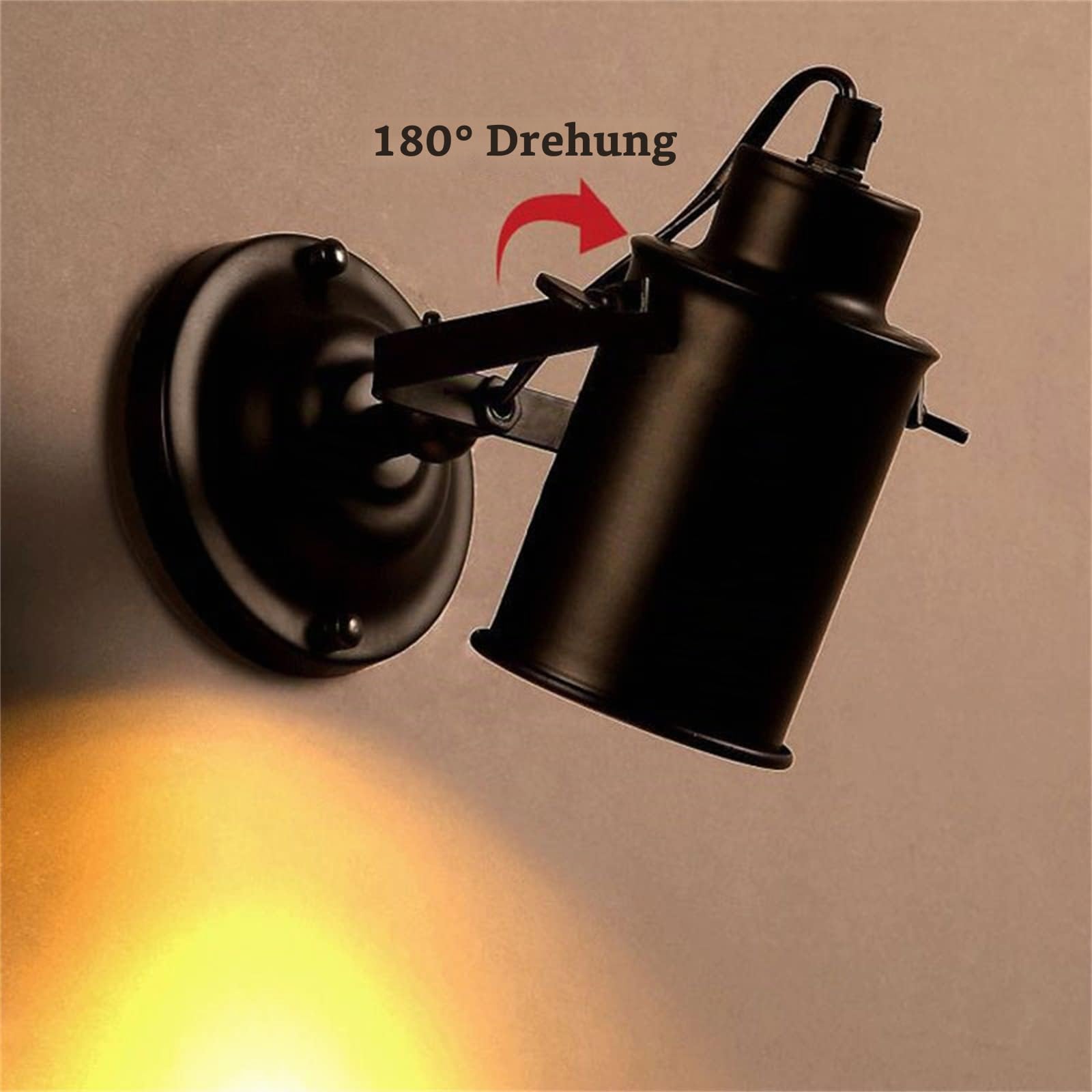E27 Retro Industrial Wandleuchte mit Schalter Vintage Lampe LED Innen Wandlampen mit Zugschalter Schwenkbar Schwarz Antike Lampe 180° Drehbar Metal Wandspot Schlafzimmer Flur Café Loft (2 Stückes)