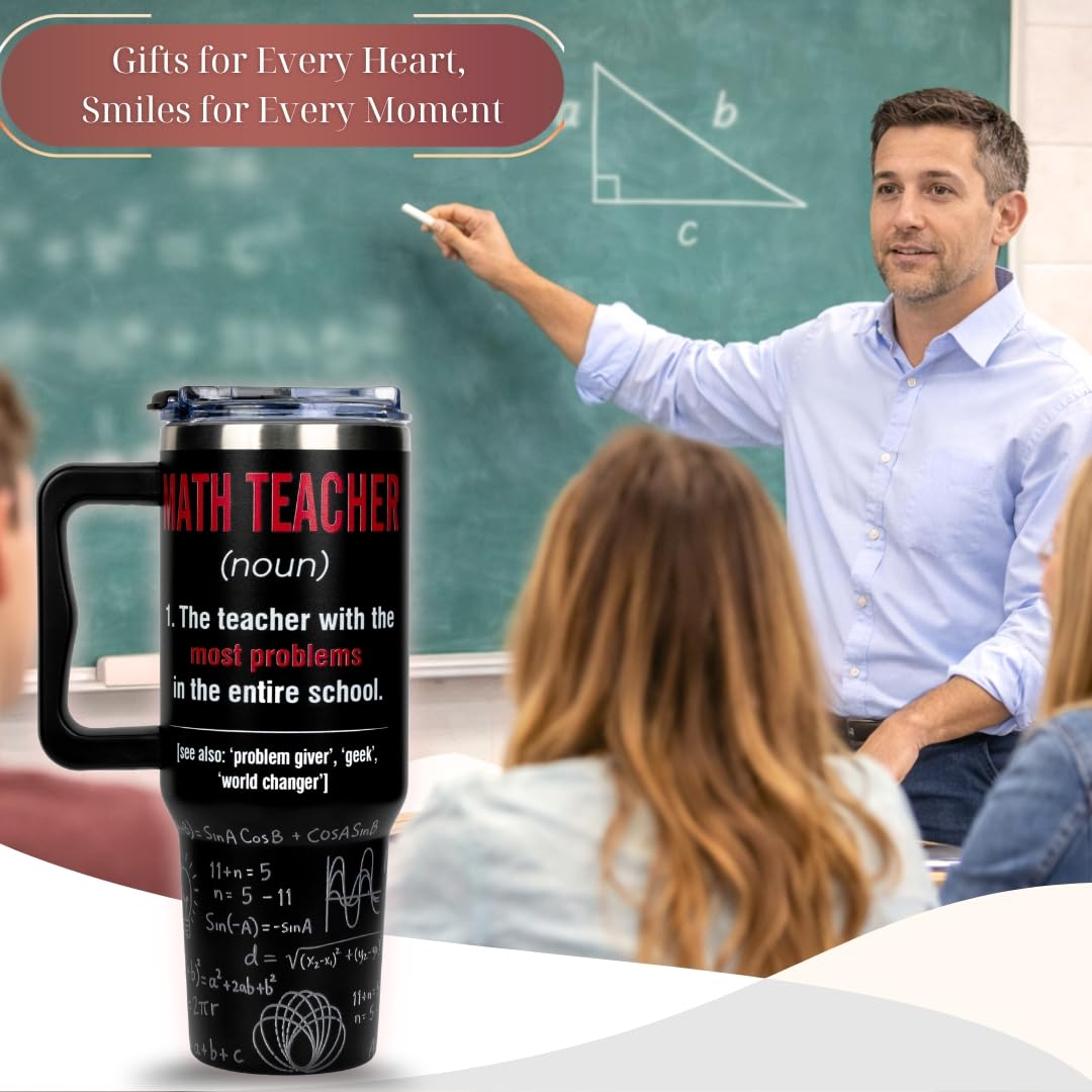 Math Teacher Appreciation Gifts for Men Women, Funny Math Teacher Gift for School, Teacher Appreciation Week Gifts, 40oz Tumbler with Handle, Teacher End of Year Birthday Gifts