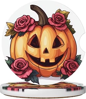Cartoon Pumpkin Decorated with Rose Car Coasters for Cup Holders,2pcs Anti-Slip Ceramic Car Coasters with Finger Notch Car Accessories