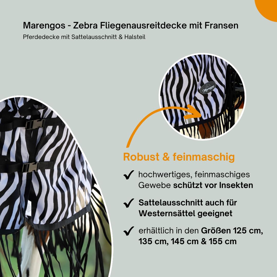 Marengos Zebra Fliegenausreitdecke mit Fransen Pferdedecke Sattelausschnitt Halsteil Insektenschutz feinmaschig Fliegendecke Outdoor Schwarz/Weiß 155 cm