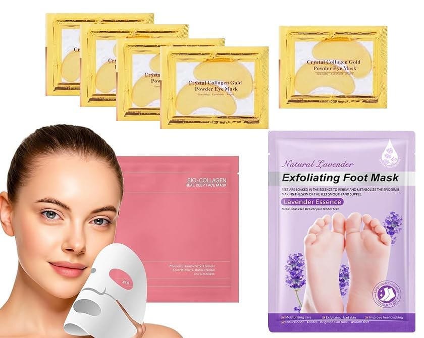 CARTENZA Bio-Collagen Real Deep Face Mask, Wrinkle Lifting Face Mask, Lavender Foot Peeling Mask, Foot Mask for Dead Skin, Cracked Heels, and Calluses, Korean Glass Skin, 5 24K Gold Eye Mask, Dark Circle Removal, Korean facial kit