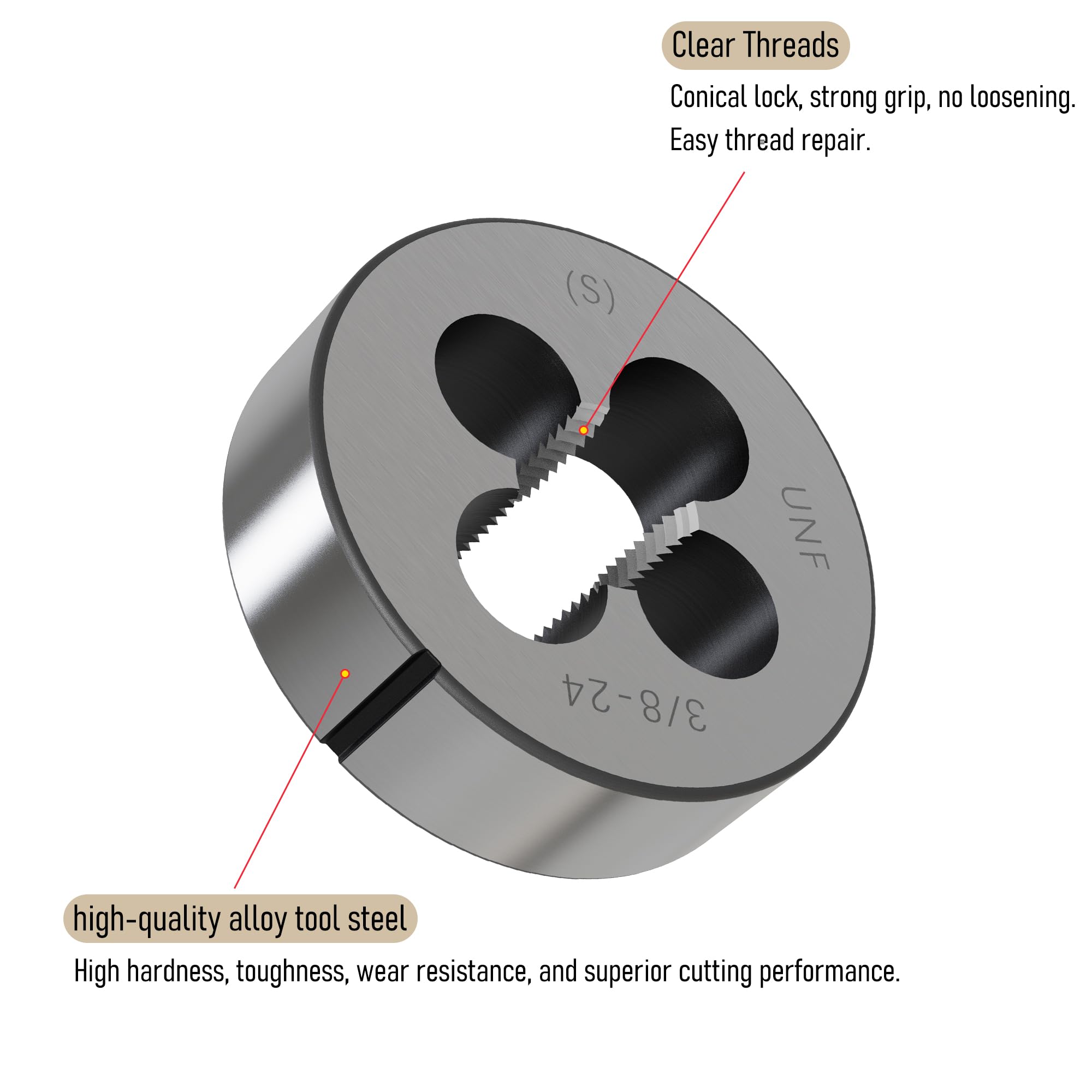 3/8"-24 Threading Die - Right Hand Cut Tool Steel -3
