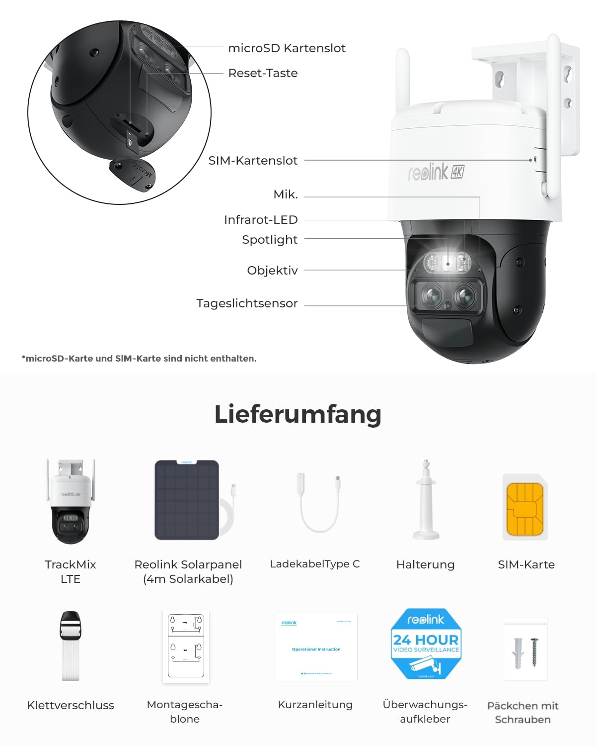 Reolink 4K 3G/4G LTE Solar Überwachungskamera mit SIM Karte, KI-Erkennung | Auto-Tracking & Auto-Zoom, Dual-Lens, 8MP PTZ Akku Kamera Outdoor mit 30m Farbnachtsicht, TrackMix LTE+6W Solarpanel
