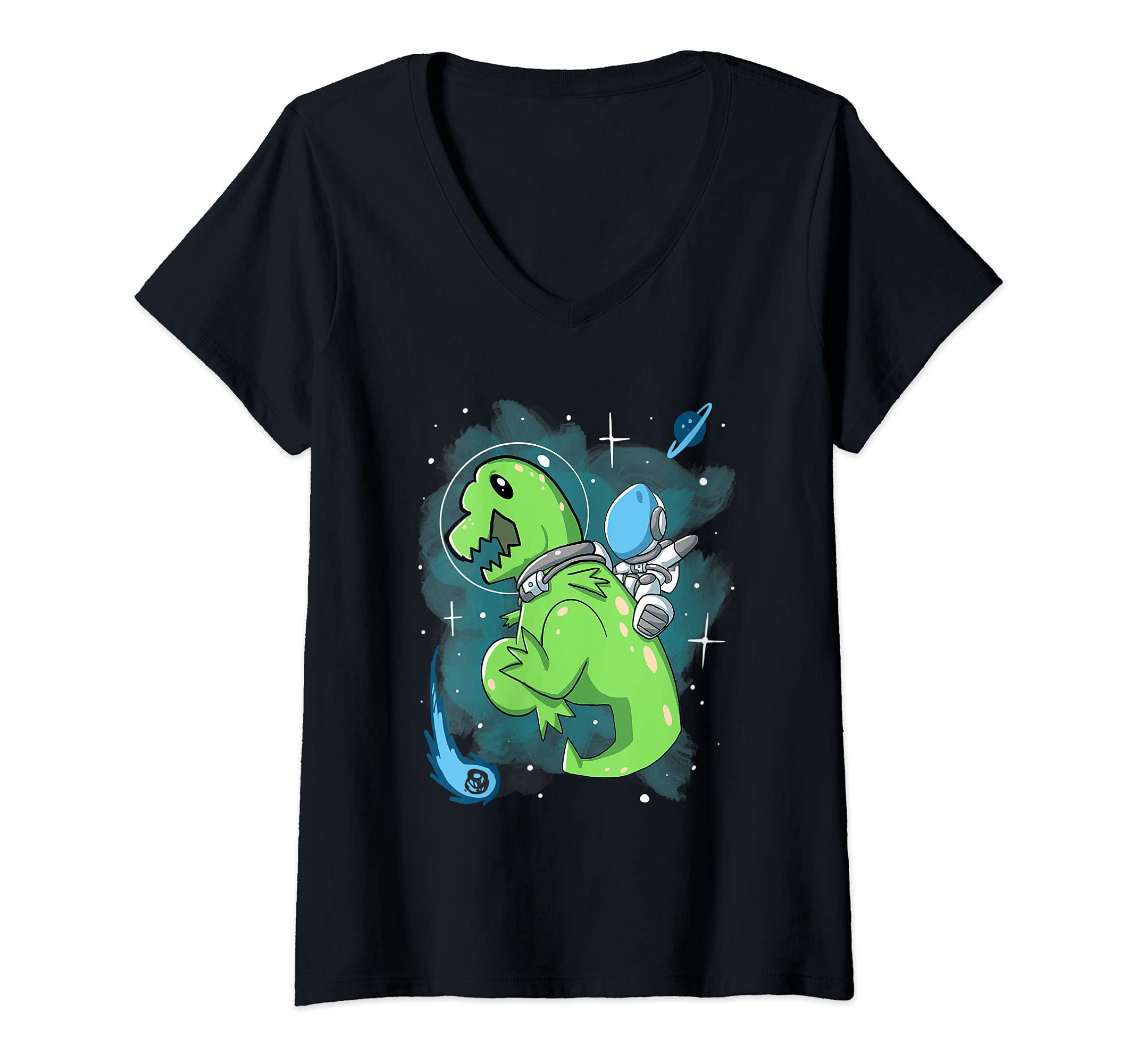 Womens Astronaut Riding T-Rex Dinosaur Astronomy Space V-Neck T-Shirt