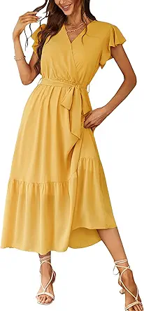 PRETTYGARDEN Women's Summer Floral Boho Maxi Dress Wrap Short Sleeve V Neck Ruffle A-Line Flowy Wedding Guest Long Dresses