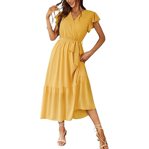 PRETTYGARDEN Women's 2024 Floral Boho Dress Wrap V Neck Short Sleeve Belted Ruffle Hem A-Line Flowy Maxi Dresses