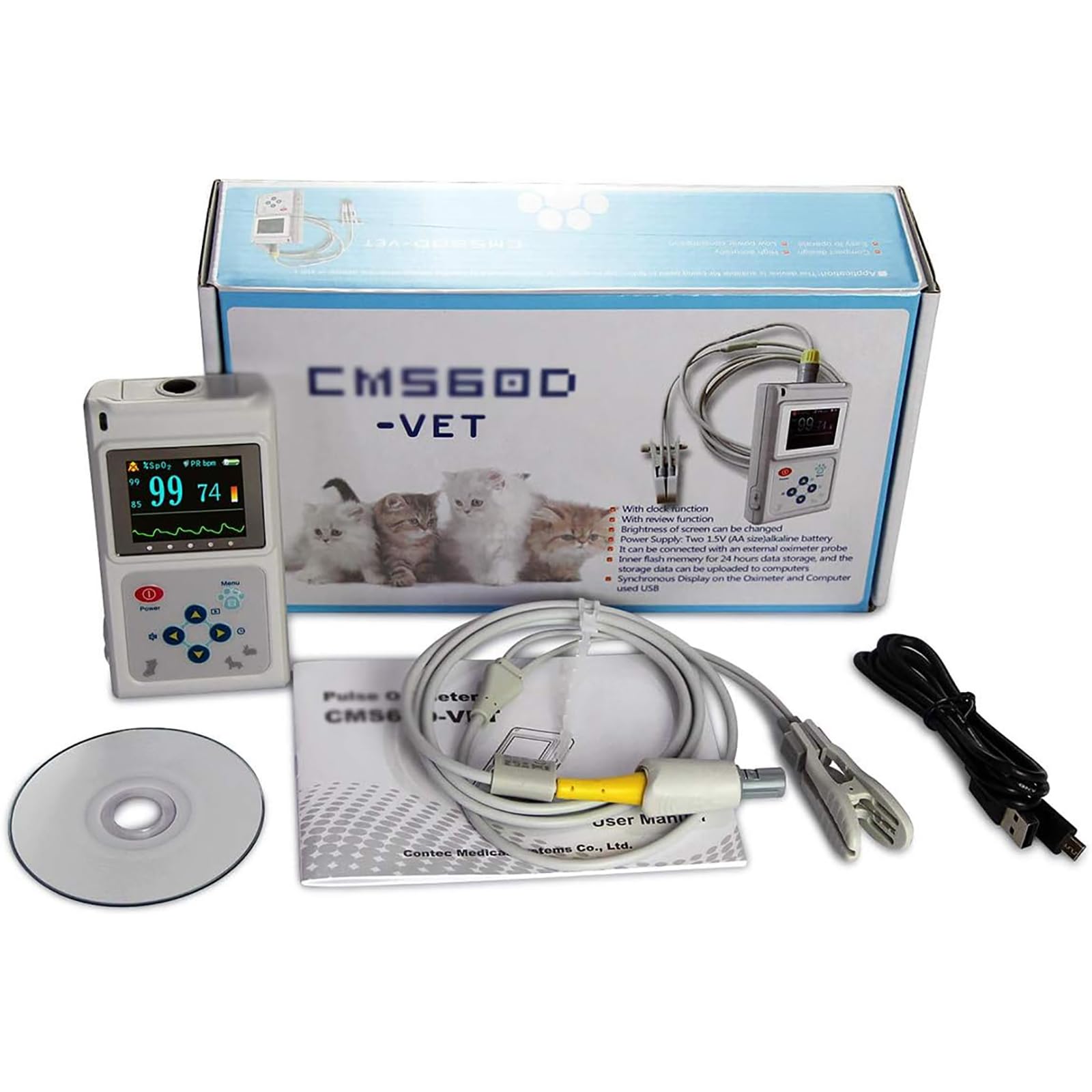 Oxímetro De Pulso De Veterinario Portátil, Veterinario Veterinario De Pulso, Veterinario, Al Monitor De La Frecuencia De Pulso/Sensor De Lengua con Sonda Y Cable USB
