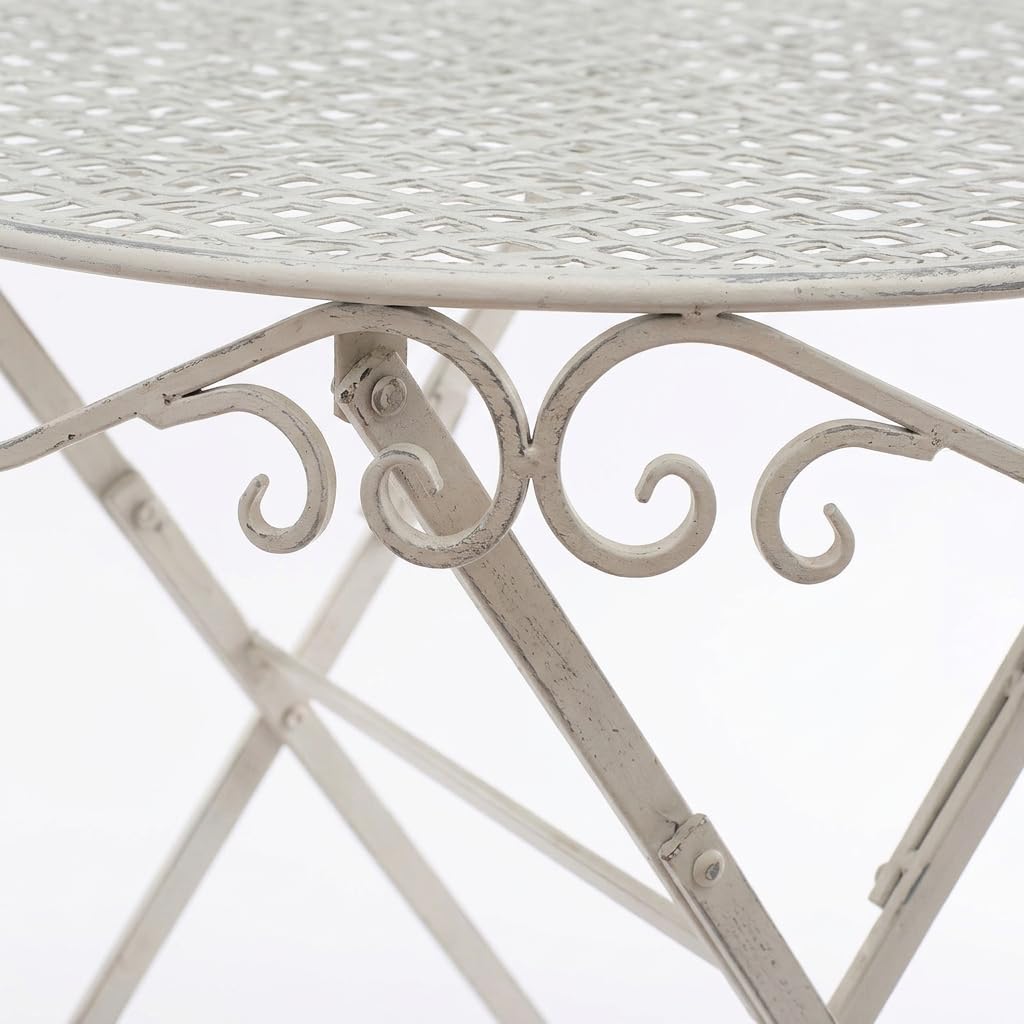 DiKasa Tavolo da Giardino Rotondo Pieghevole in ferro bianco - Tavolino da esterno in metallo verniciato a polvere stile shabby chic, salvaspazio per balcone, terrazzo, veranda o giardino, Ø70x76 cm