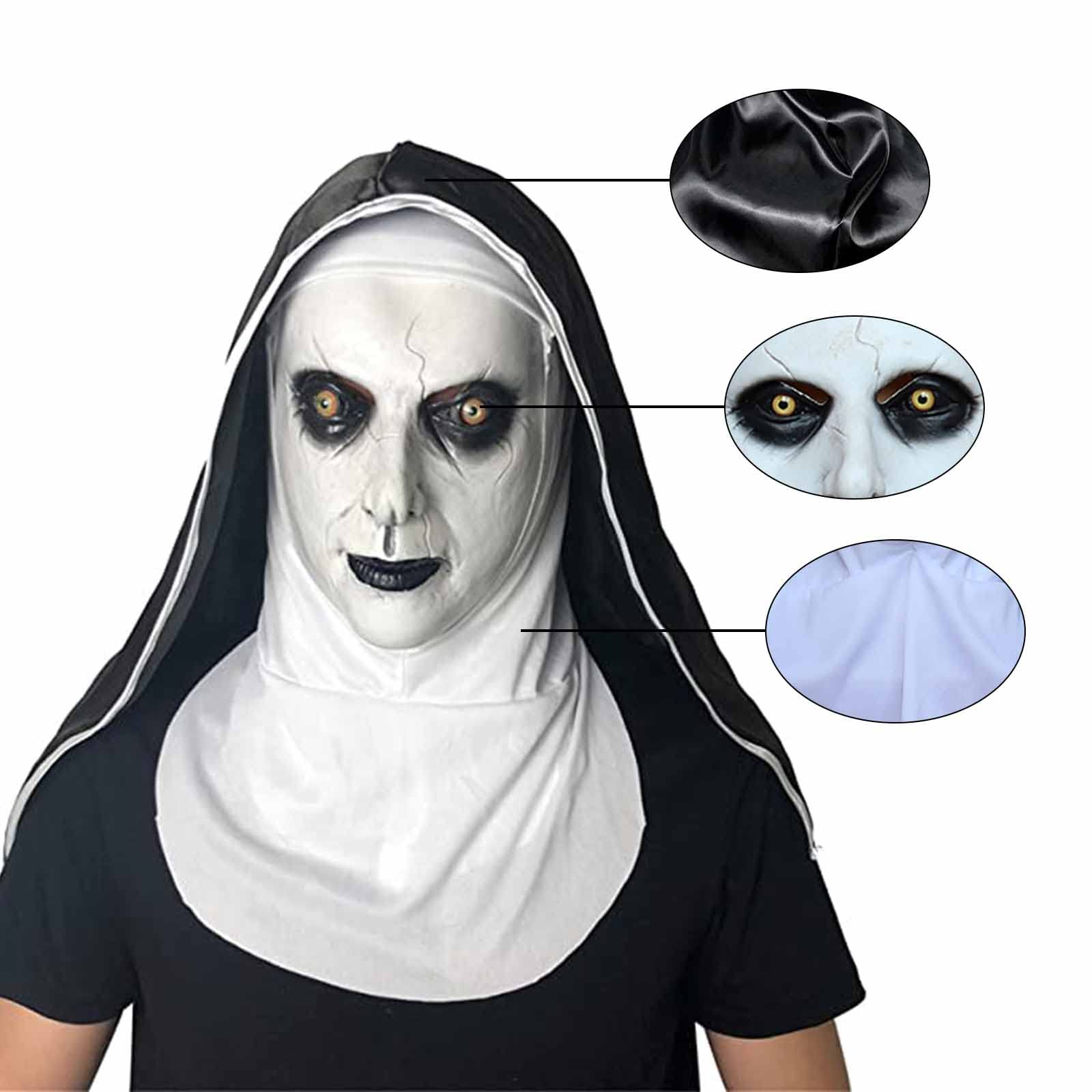 TIANHOO Maska zakonnicy, straszna lateksowa maska na Halloween, horror, maska na całą głowę, z chustą na głowę, zakonnica, przebranie, kostium cosplay, maski na Halloween, karnawał, przyjęcie,